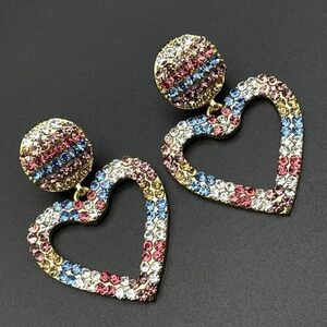 Yellow Gold with Multicolored Crystal Heart Dangling Drop Post Back Earrings